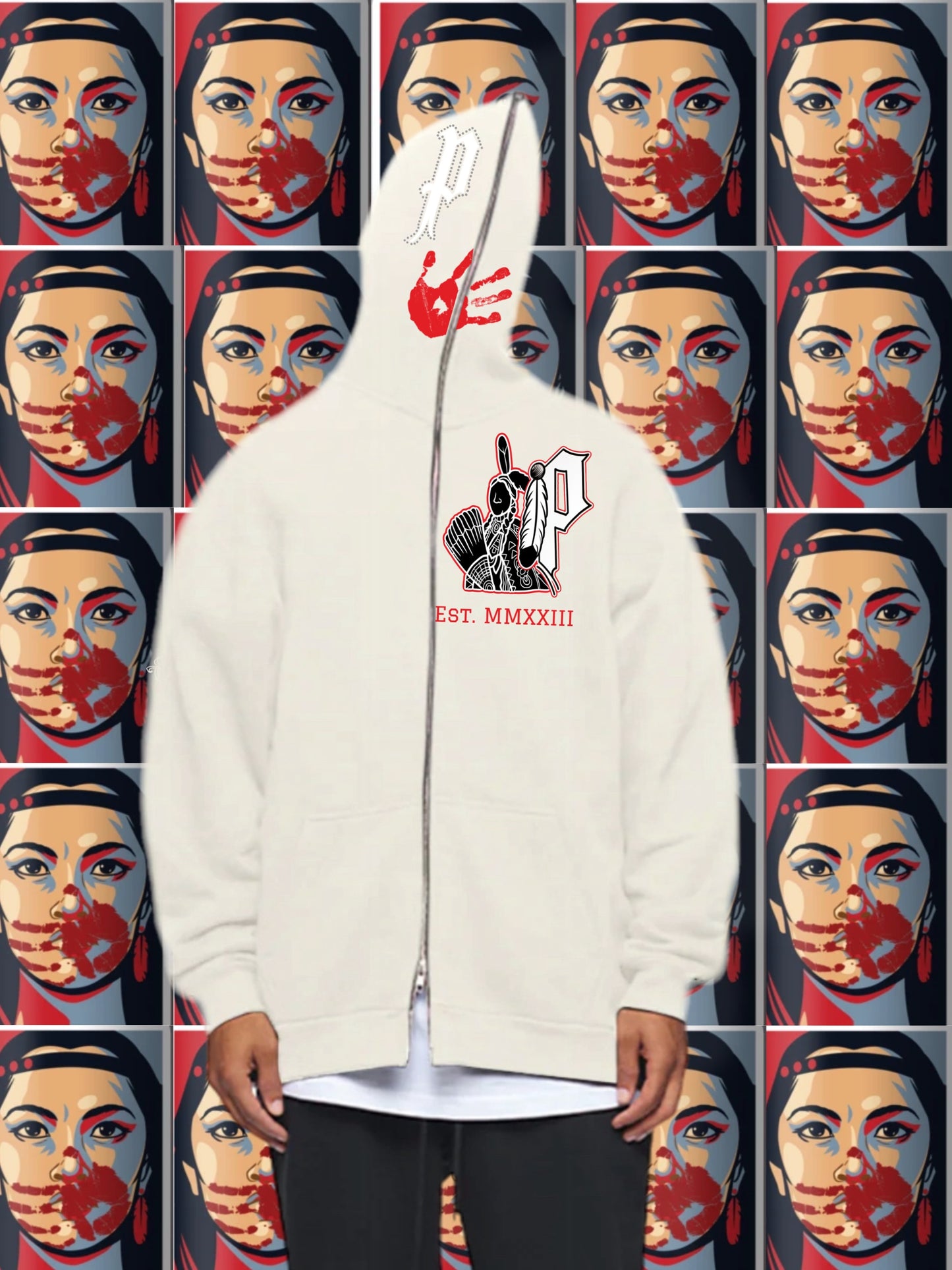 M.M.I.W. Full Zip Rhinestone Hoodie OFF WHT