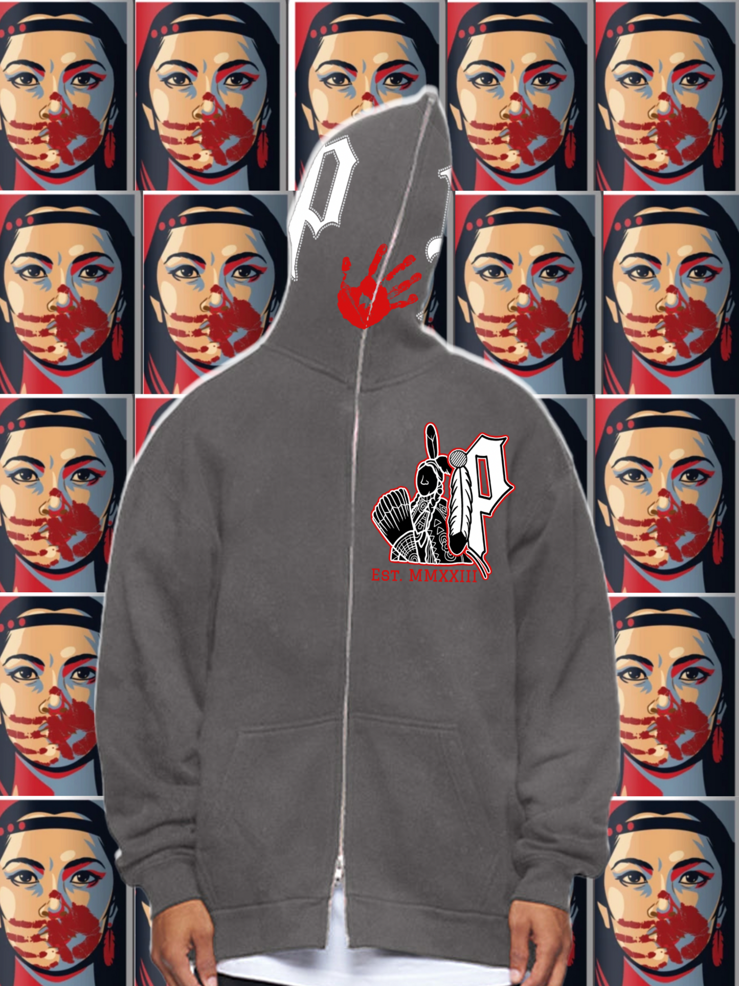 M.M.I.W. Full Zip Rhinestone Hoodie Gray