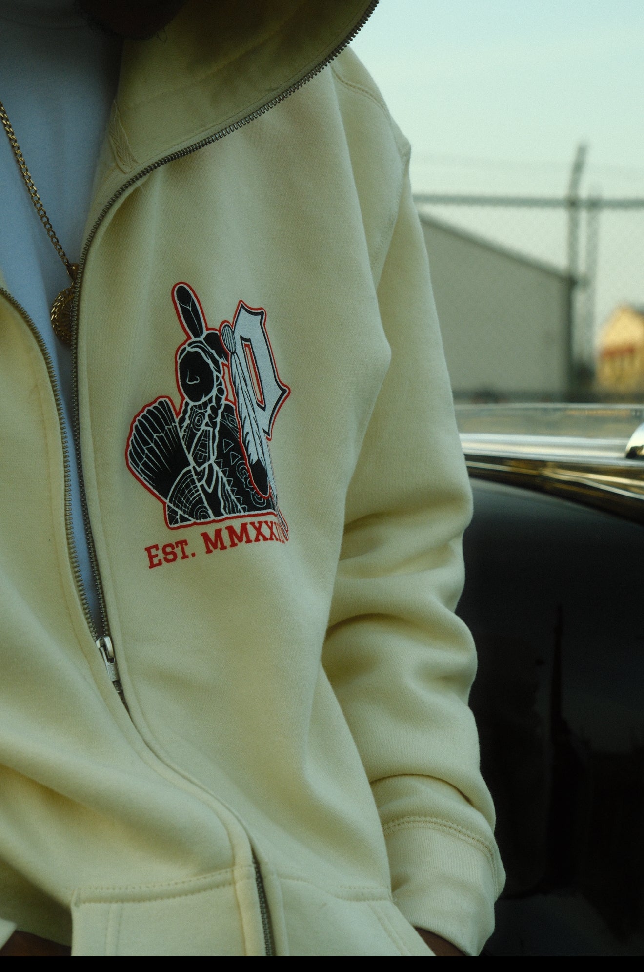 M.M.I.W. Full Zip Rhinestone Hoodie OFF WHT