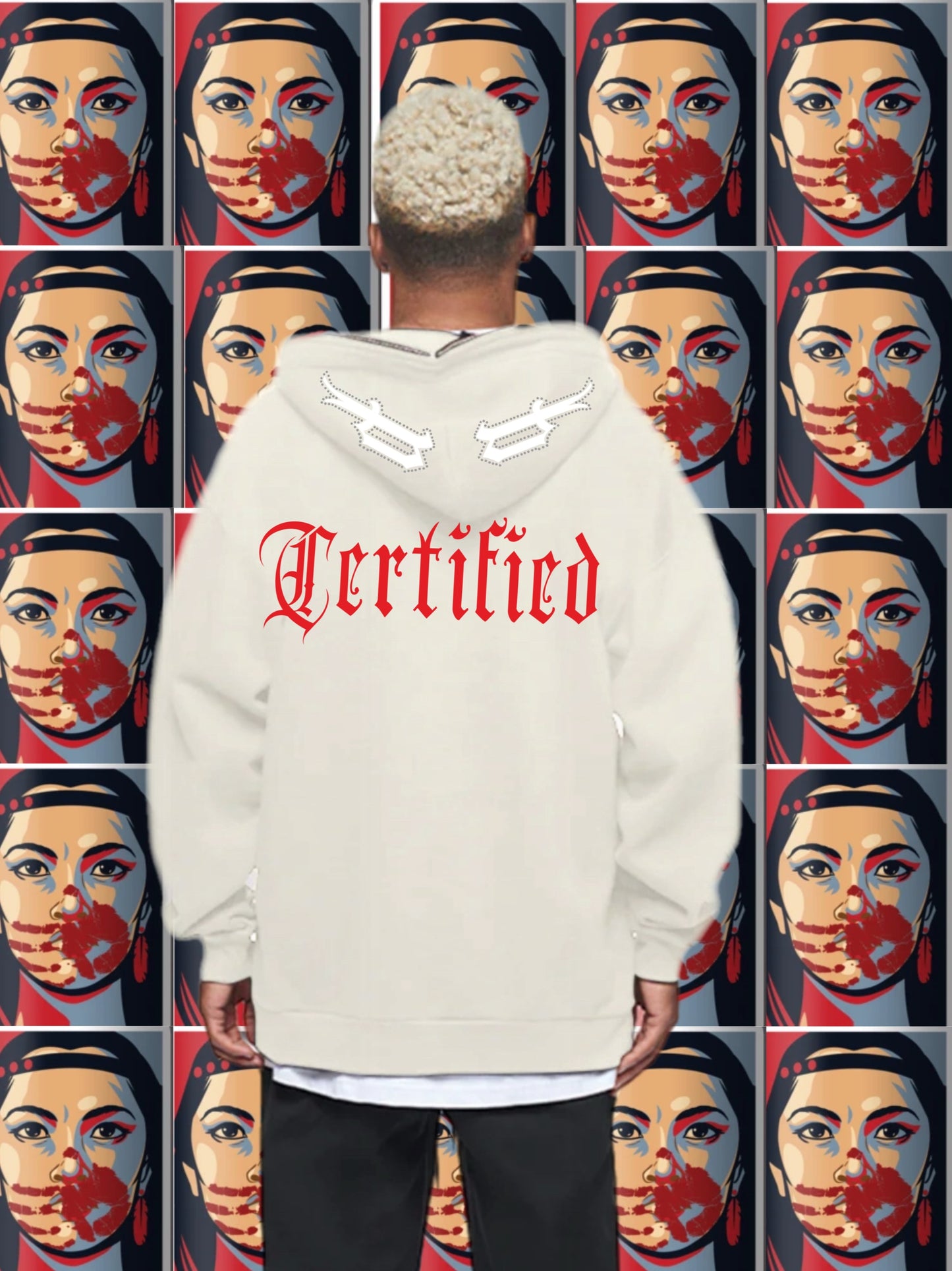 M.M.I.W. Full Zip Rhinestone Hoodie OFF WHT